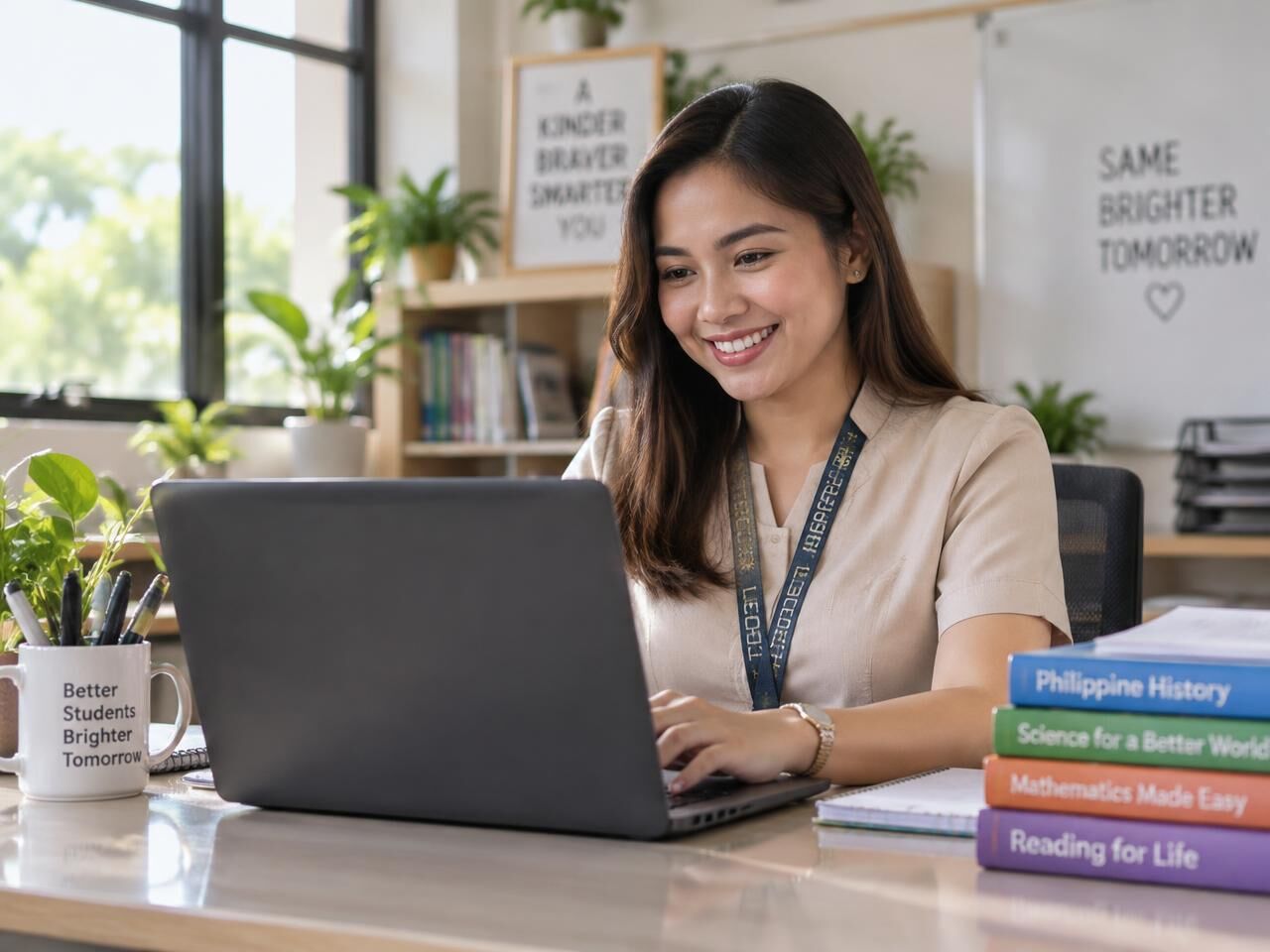 Filipino teacher preparing her ILAW lesson plan on a laptop